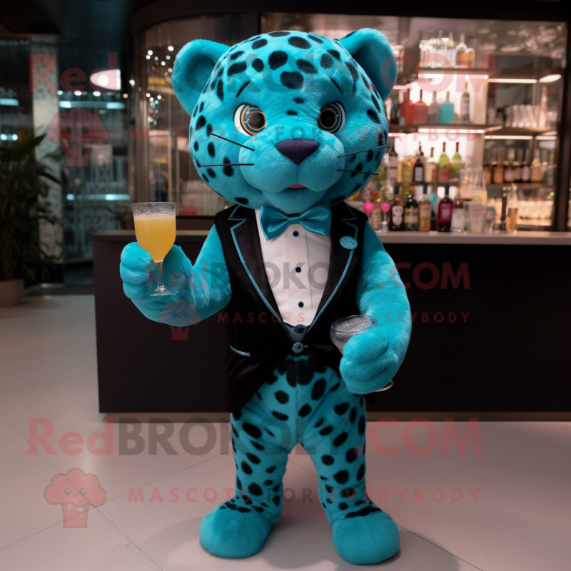 Turquoise Jaguar mascot costume character dressed with a Cocktail Dress and Bow ties