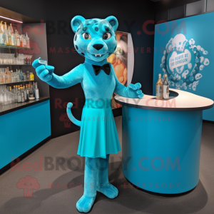 Turquoise Jaguar mascot costume character dressed with a Cocktail Dress and Bow ties