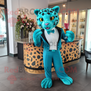 Turquoise Jaguar mascot costume character dressed with a Cocktail Dress and Bow ties