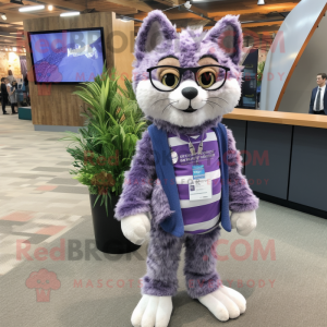 Lavender Bobcat mascot costume character dressed with a Cardigan and Eyeglasses