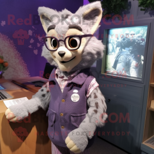 Lavender Bobcat mascot costume character dressed with a Cardigan and Eyeglasses