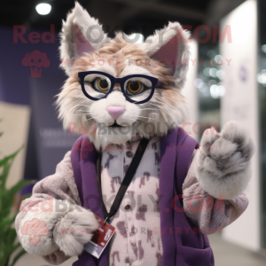 Lavender Bobcat mascot costume character dressed with a Cardigan and Eyeglasses