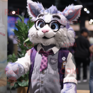 Lavender Bobcat mascot costume character dressed with a Cardigan and Eyeglasses