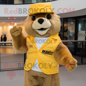 Gold Marmot mascot costume character dressed with a Suit Jacket and Beanies