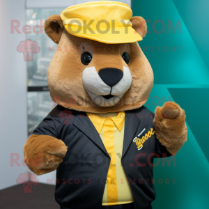 Gold Marmot mascot costume character dressed with a Suit Jacket and Beanies