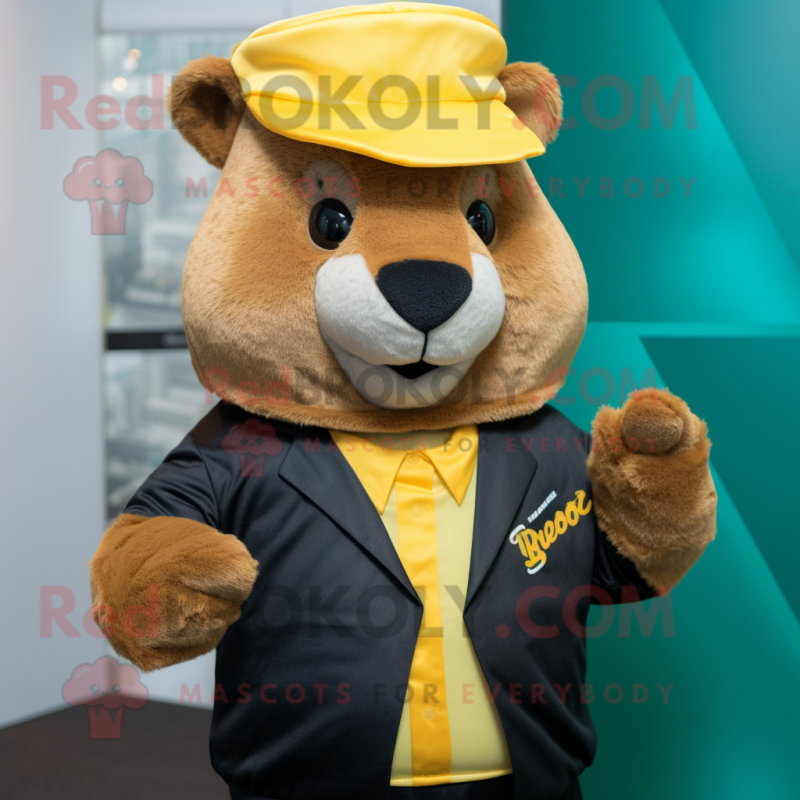 Gold Marmot mascot costume character dressed with a Suit Jacket and Beanies Gold Marmot mascot costume character dressed with a Suit Jacket and Beanies