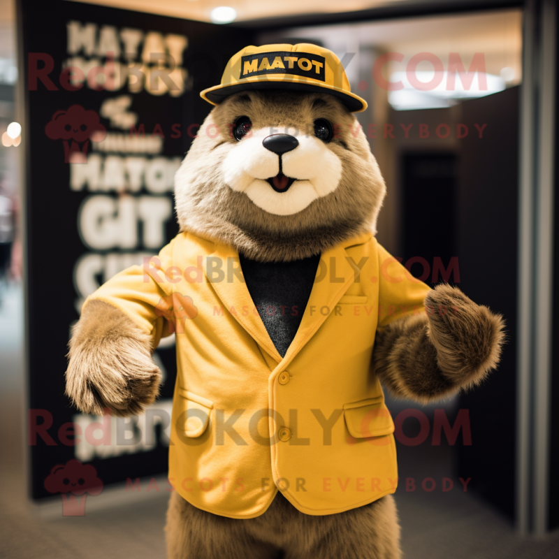 Gold Marmot mascot costume character dressed with a Suit Jacket and Beanies