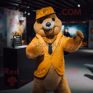 Gold Marmot mascot costume character dressed with a Suit Jacket and Beanies