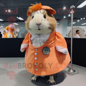 Peach Guinea Pig mascot costume character dressed with a Circle Skirt and Lapel pins