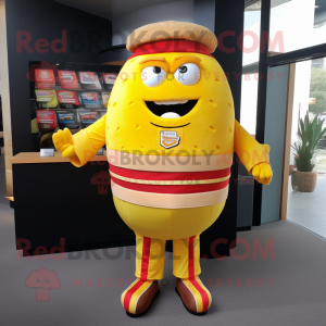 Yellow Hamburger mascot costume character dressed with a Rugby Shirt and Tie pins