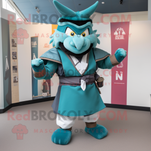 Teal Samurai mascot costume character dressed with a V-Neck Tee and Belts