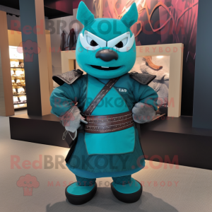 Teal Samurai mascot costume character dressed with a V-Neck Tee and Belts