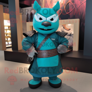 Teal Samurai mascot costume character dressed with a V-Neck Tee and Belts