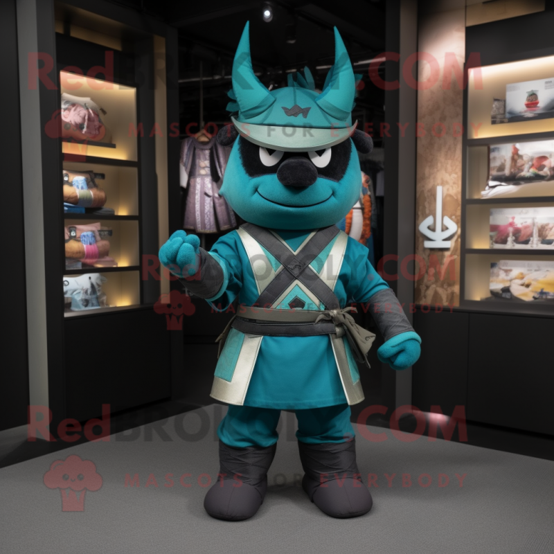 Teal Samurai mascot costume character dressed with a V-Neck Tee and Belts Teal Samurai mascot costume character dressed with a V-Neck Tee and Belts