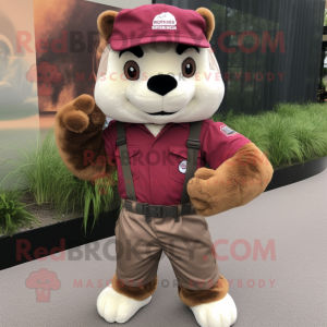 Maroon Ferret mascot costume character dressed with a Cargo Pants and Headbands