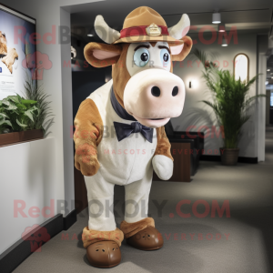 Beige Guernsey Cow mascot costume character dressed with a Trousers and Hat pins