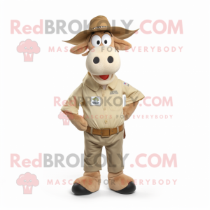 Beige Guernsey Cow mascot costume character dressed with a Trousers and Hat pins