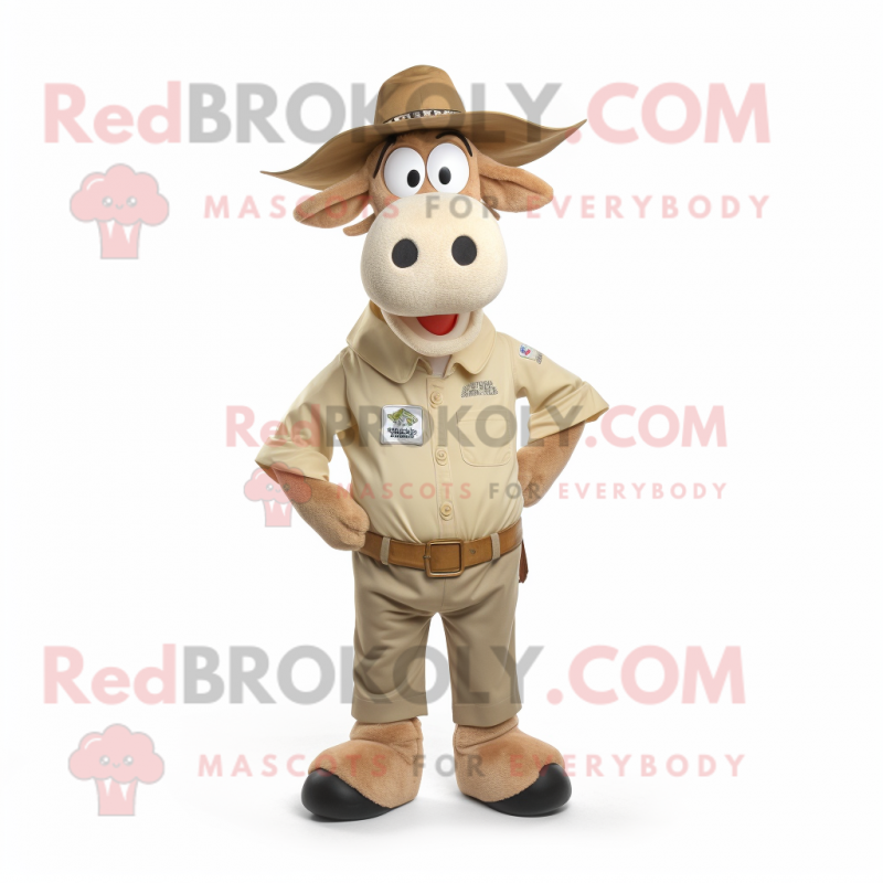 Beige Guernsey Cow mascot costume character dressed with a Trousers and Hat pins Beige Guernsey Cow mascot costume character dressed with a Trousers and Hat pins