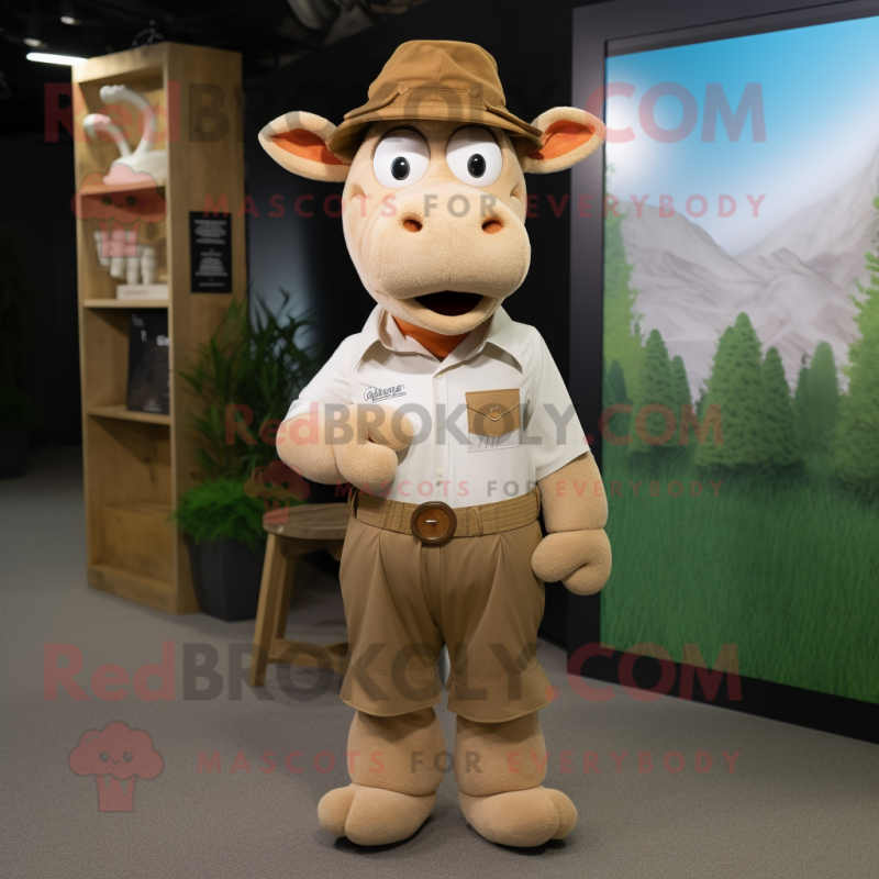 Beige Guernsey Cow mascot costume character dressed with a Trousers and Hat pins Beige Guernsey Cow mascot costume character dressed with a Trousers and Hat pins