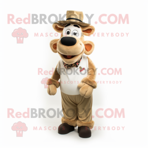 Beige Guernsey Cow mascot costume character dressed with a Trousers and Hat pins