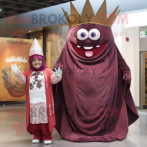 Maroon King mascot costume character dressed with a Mom Jeans and Shawls