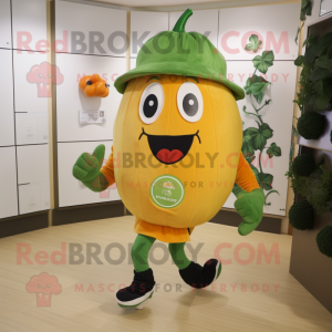 Olive Pumpkin mascot costume character dressed with a Running Shorts and Hat pins