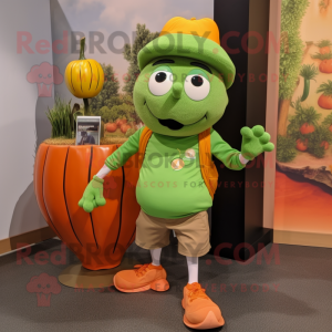 Olive Pumpkin mascot costume character dressed with a Running Shorts and Hat pins