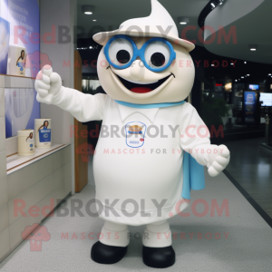White Bottle Of Milk mascot costume character dressed with a Overalls and Eyeglasses