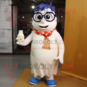 White Bottle Of Milk mascot costume character dressed with a Overalls and Eyeglasses