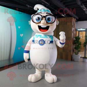 White Bottle Of Milk mascot costume character dressed with a Overalls and Eyeglasses