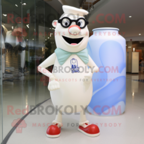 White Bottle Of Milk mascot costume character dressed with a Overalls and Eyeglasses