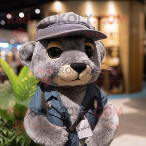 Gray Jaguarundi mascot costume character dressed with a Vest and Hats