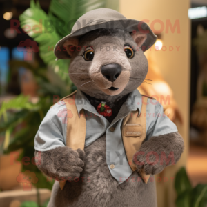 Gray Jaguarundi mascot costume character dressed with a Vest and Hats