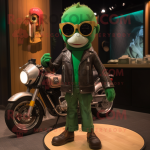 Green Juggle mascot costume character dressed with a Moto Jacket and Handbags