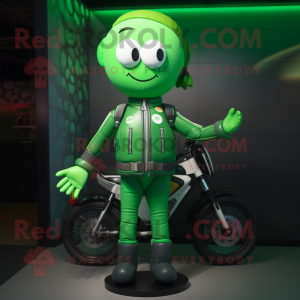 Green Juggle mascot costume character dressed with a Moto Jacket and Handbags