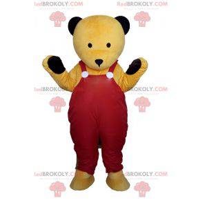 Mascot yellow teddy bear in red overalls - Redbrokoly.com