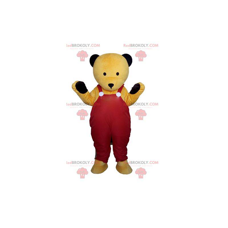 Mascote urso de pelúcia amarelo de macacão vermelho -
