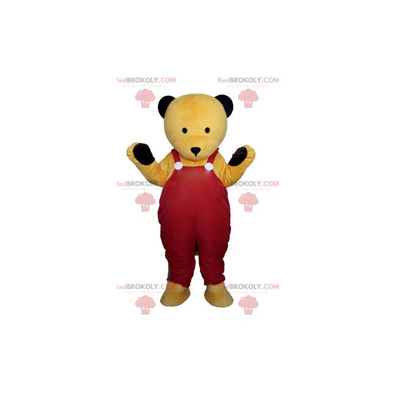 Mascote urso de pelúcia amarelo de macacão vermelho -