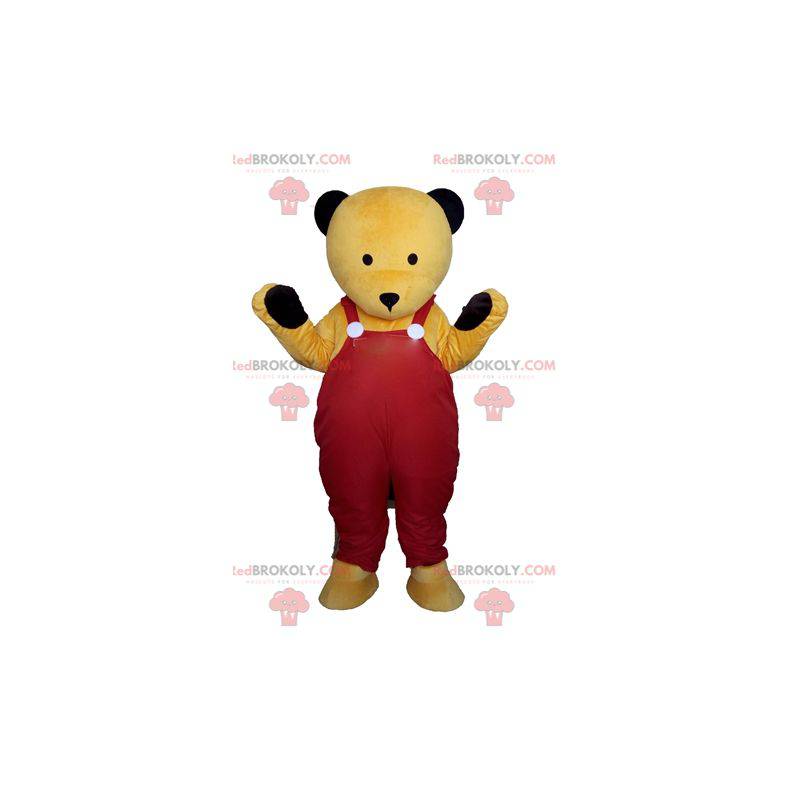 Maskottchen gelber Teddybär in roten Overalls - Redbrokoly.com