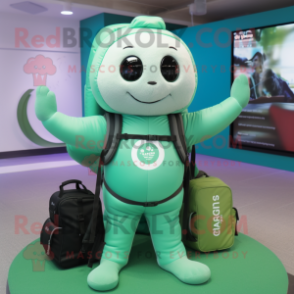 Green Seal mascot costume character dressed with a Yoga Pants and Backpacks