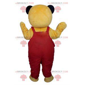 Maskottchen gelber Teddybär in roten Overalls - Redbrokoly.com