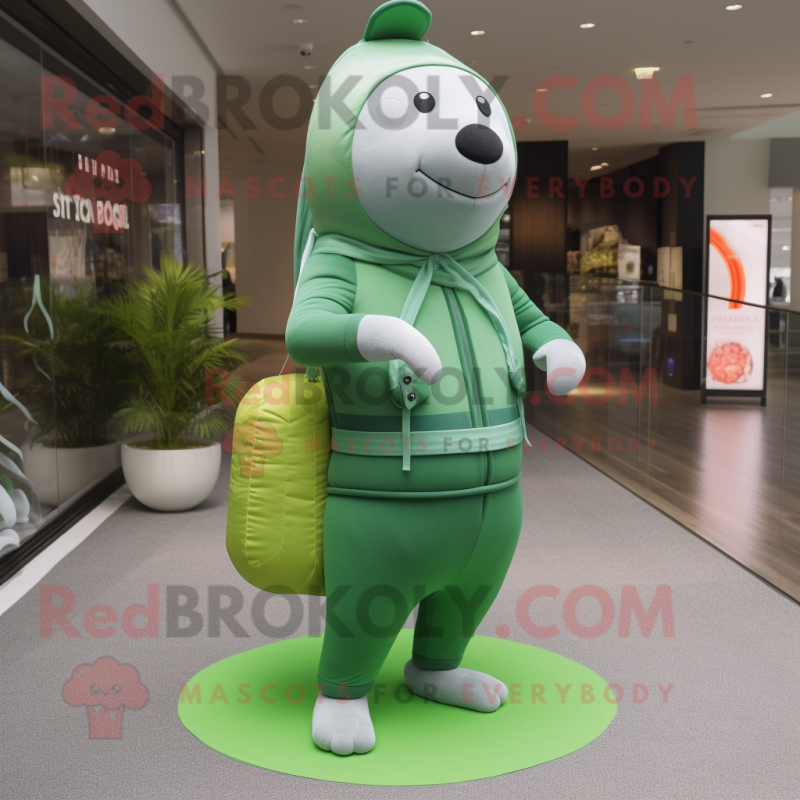 Green Seal mascot costume character dressed with a Yoga Pants and Backpacks