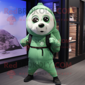 Green Seal mascot costume character dressed with a Yoga Pants and Backpacks