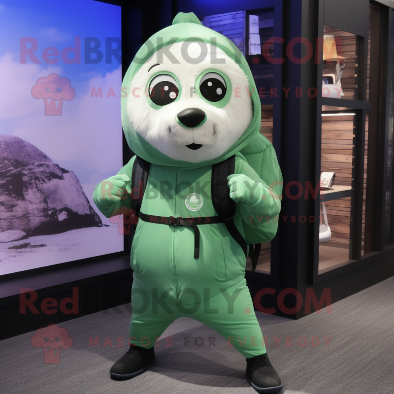 Green Seal mascot costume character dressed with a Yoga Pants and Backpacks Green Seal mascot costume character dressed with a Yoga Pants and Backpacks