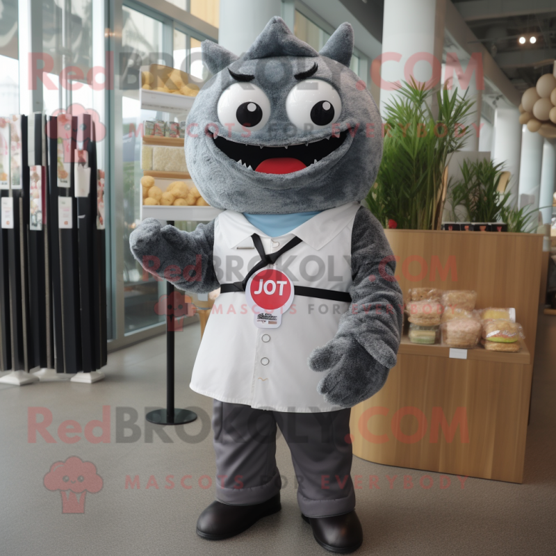 Gray Sushi mascot costume character dressed with a Oxford Shirt and Belts Gray Sushi mascot costume character dressed with a Oxford Shirt and Belts