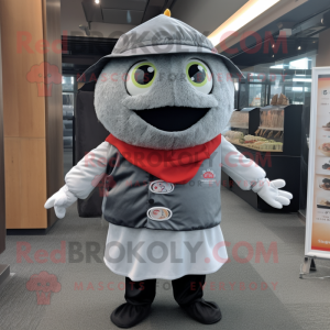 Gray Sushi mascot costume character dressed with a Oxford Shirt and Belts