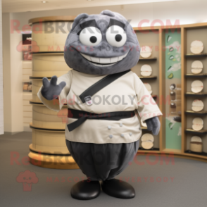 Gray Sushi mascot costume character dressed with a Oxford Shirt and Belts