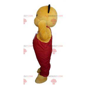 Mascot yellow teddy bear in red overalls - Redbrokoly.com