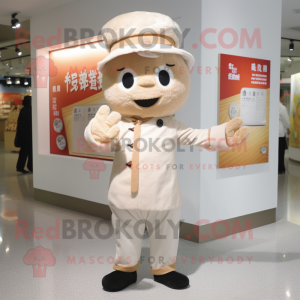 Beige Fried Rice mascot costume character dressed with a Henley Shirt and Berets