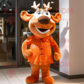 Orange Reindeer mascot costume character dressed with a Polo Shirt and Pocket squares